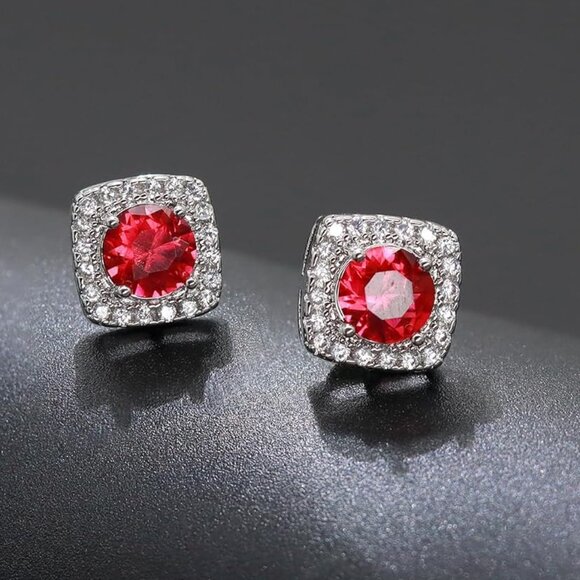 Women's Red Square Simulated Dainty Diamond Halo Sparkling Stud Earring - Picture 1 of 9